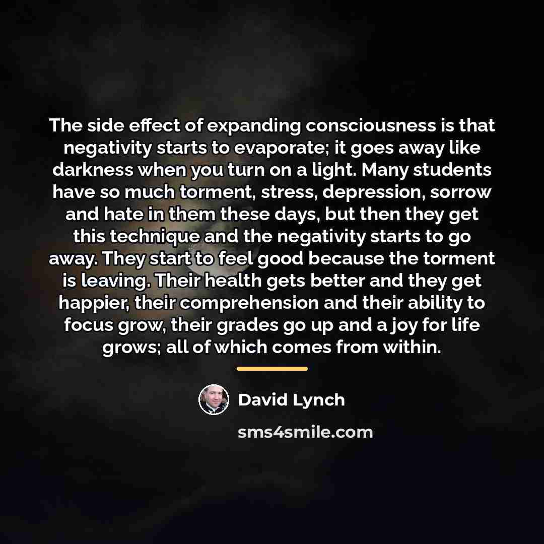 “The side effect of expanding consciousness is that negativity starts…” quote by David Lynch