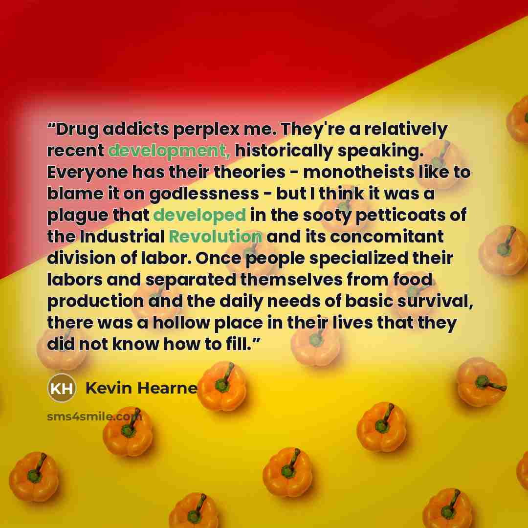 “Drug addicts perplex me. They're a relatively recent development, historically speaking. Everyone has their theories - monotheists like to blame it on godlessness - but I think it was a plague that developed in the sooty petticoats of the Industrial Revolution and its concomitant division of…” quote by Kevin Hearne