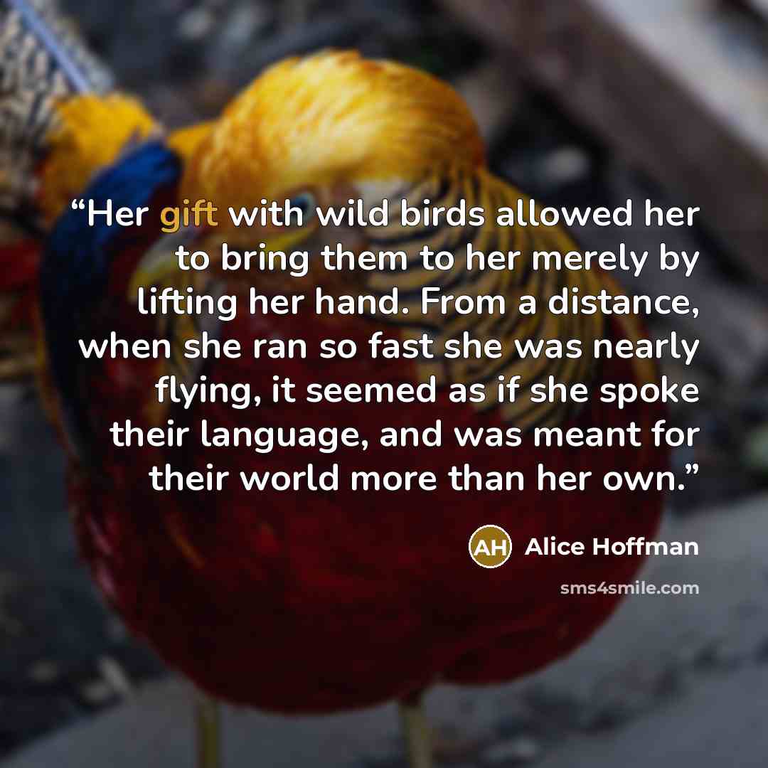 “Her gift with wild birds allowed her to bring them to her merely by lifting her hand. From a distance, when she ran so fast she was nearly flying, it seemed as if she spoke their language, and was meant for their world more than her own.” quote by Alice Hoffman