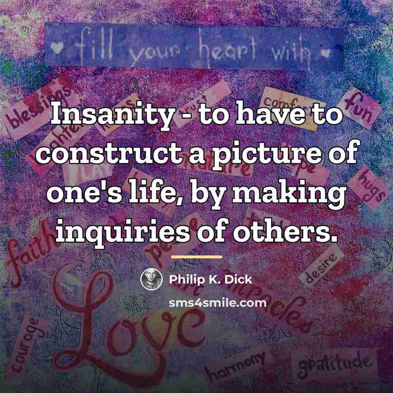 “Insanity - to have to construct a picture of one's…” quote by Philip K. Dick