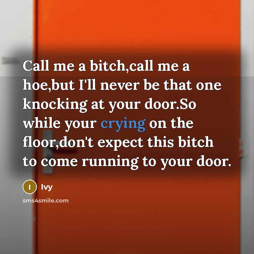 “Call me a bitch,call me a hoe,but I'll never be that one knocking at your door.So while your crying on the floor,don't expect this bitch to come running to your door.” quote by Ivy