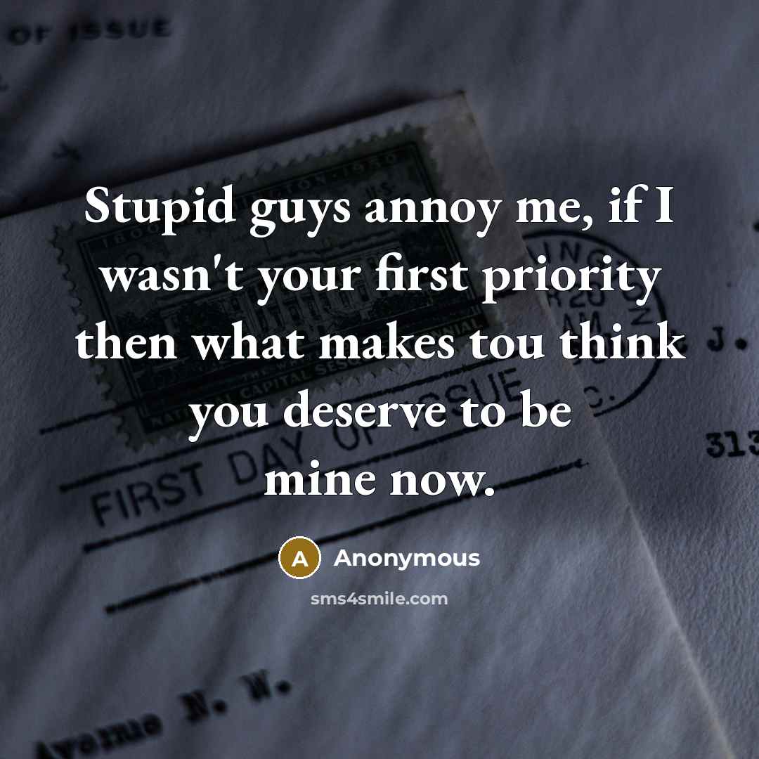 “Stupid guys annoy me, if I wasn't your first priority then what makes tou think you deserve to be mine now.” quote by Anonymous