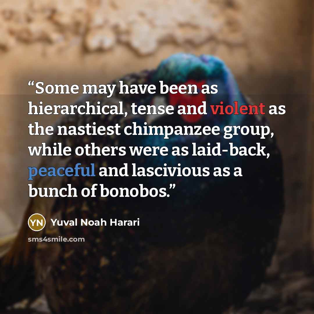 “Some may have been as hierarchical, tense and violent as the nastiest chimpanzee group, while others were as laid-back, peaceful and lascivious as a bunch of bonobos.” quote by Yuval Noah Harari
