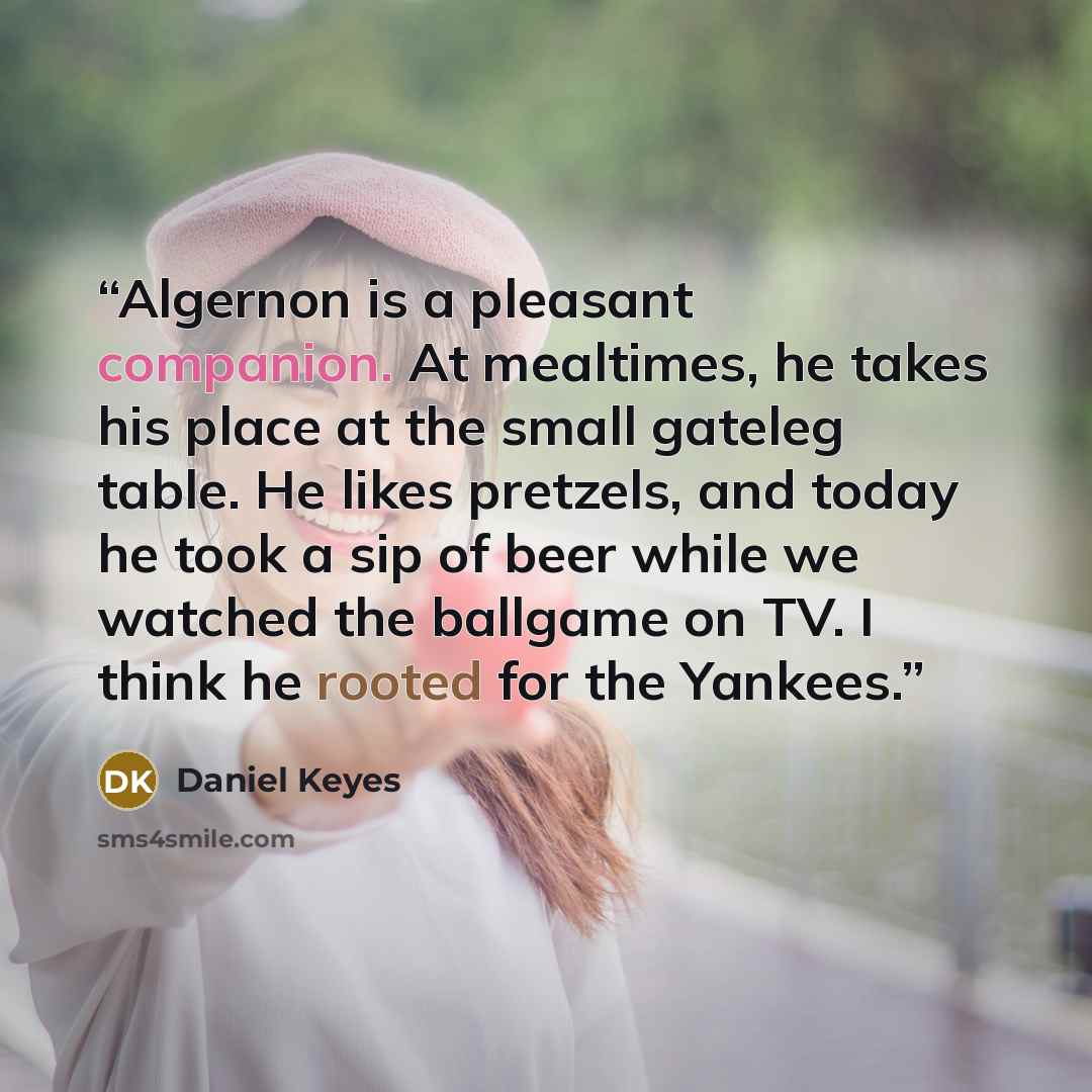 “Algernon is a pleasant companion. At mealtimes, he takes his place at the small gateleg table. He likes pretzels, and today he took a sip of beer while we watched the ballgame on TV. I think he rooted for the Yankees.” quote by Daniel Keyes