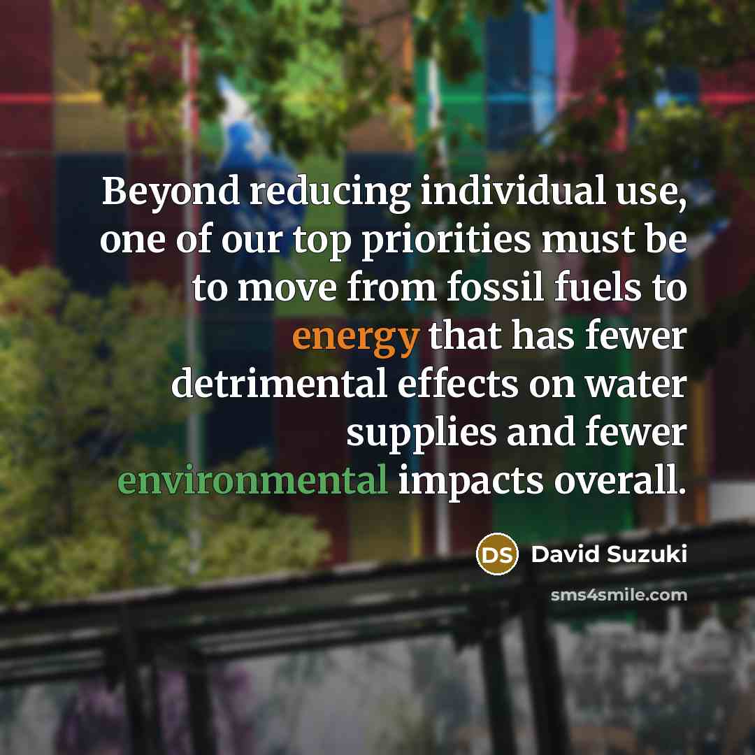 “Beyond reducing individual use, one of our top priorities must be to move from fossil fuels to energy that has fewer detrimental effects on water supplies and fewer environmental impacts overall.” quote by David Suzuki