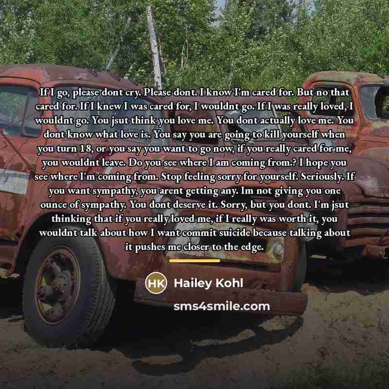 “If I go, please dont cry. Please dont. I know…” quote by Hailey Kohl