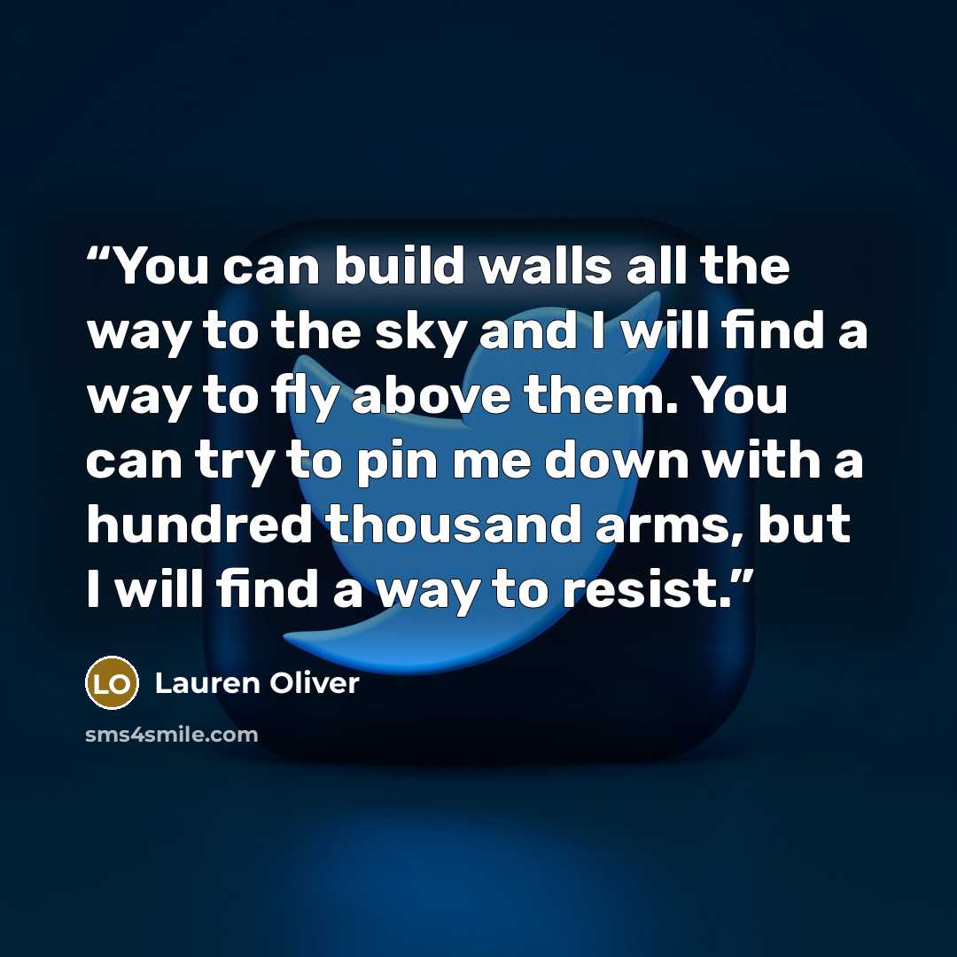 “You can build walls all the way to the sky and I will find a way to fly above them. You can try to pin me down with a hundred thousand arms, but I will find a way to resist.” quote by Lauren Oliver
