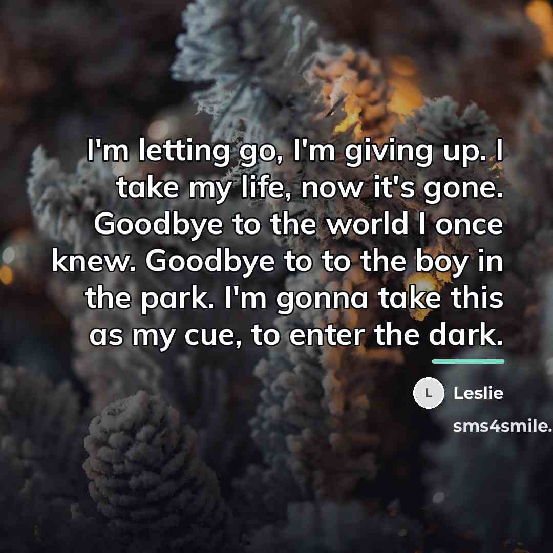 “I'm letting go, I'm giving up. I take my life,…” quote by Leslie
