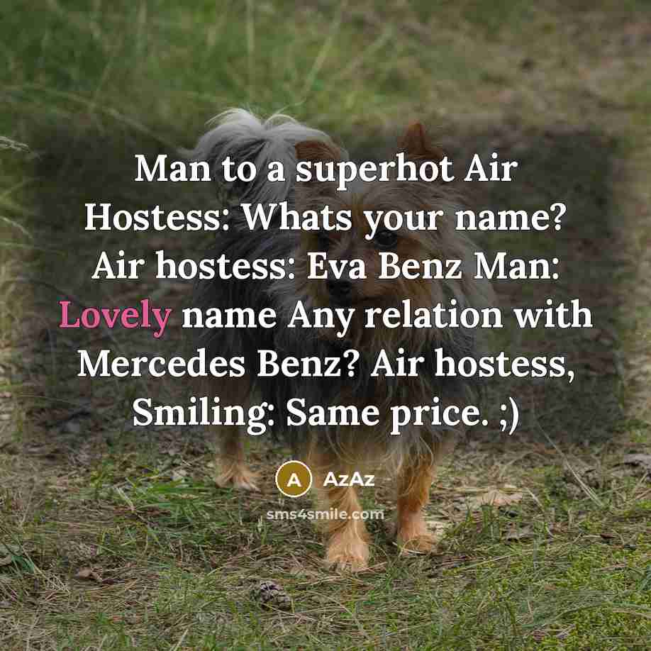 “Man to a superhot Air Hostess: Whats your name? Air hostess: Eva Benz Man: Lovely name Any relation with Mercedes Benz? Air hostess, Smiling: Same price. ;)” quote by AzAz