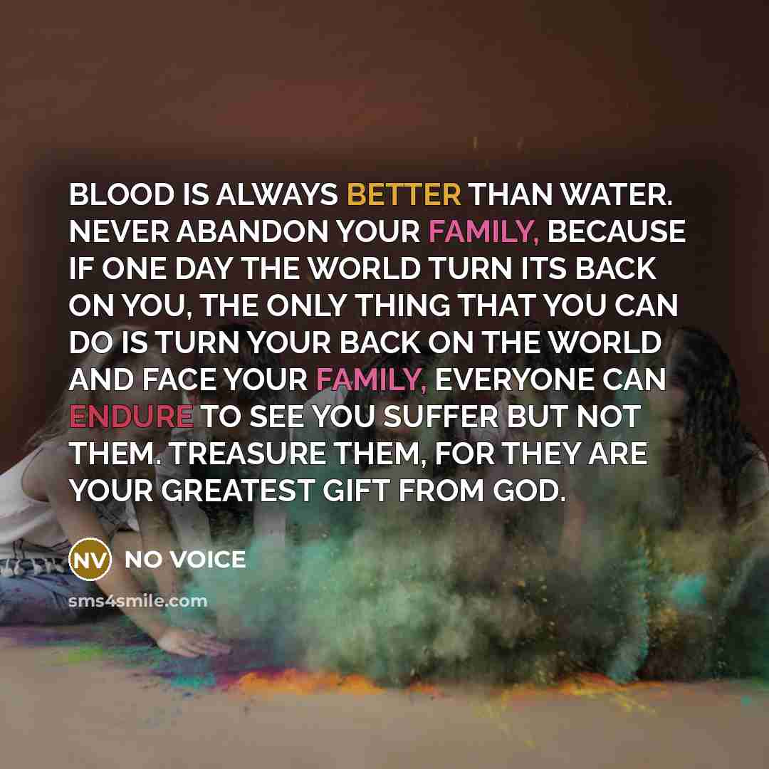 “BLOOD IS ALWAYS BETTER THAN WATER. NEVER ABANDON YOUR FAMILY, BECAUSE IF ONE DAY THE WORLD TURN ITS BACK ON YOU, THE ONLY THING THAT YOU CAN DO IS TURN YOUR BACK ON THE WORLD AND FACE YOUR FAMILY, EVERYONE CAN ENDURE TO SEE YOU SUFFER BUT NOT THEM. TREASURE THEM, FOR THEY ARE YOUR GREATEST GIFT…” quote by NO VOICE