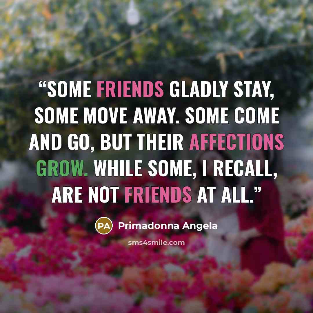 “Some friends gladly stay, some move away. Some come and go, but their affections grow. While some, I recall, are not friends at all.” quote by Primadonna Angela