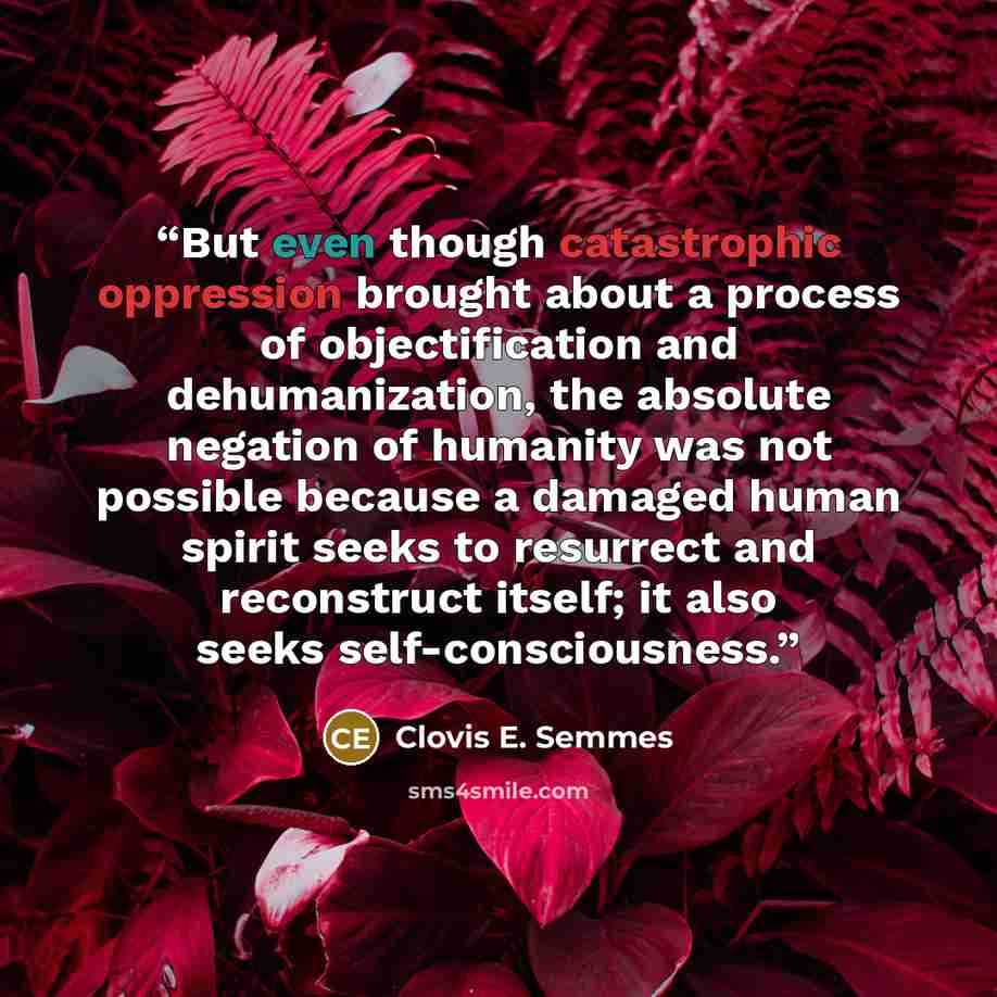 “But even though catastrophic oppression brought about a process of objectification and dehumanization, the absolute negation of humanity was not possible because a damaged human spirit seeks to resurrect and reconstruct itself; it also seeks self-consciousness.” quote by Clovis E. Semmes