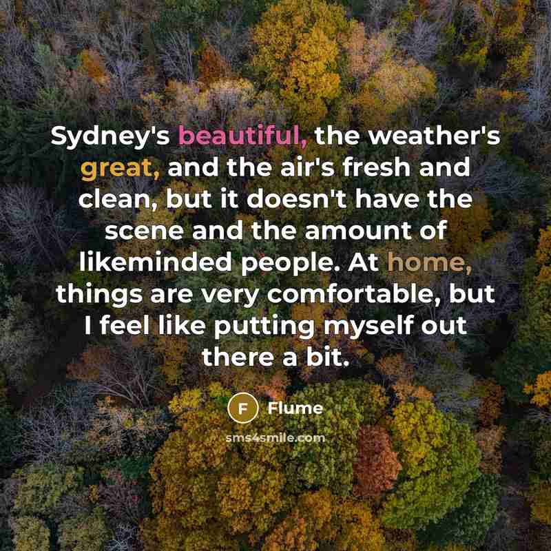 “Sydney's beautiful, the weather's great, and the air's fresh and clean, but it doesn't have the scene and the amount of likeminded people. At home, things are very comfortable, but I feel like putting myself out there a bit.” quote by Flume