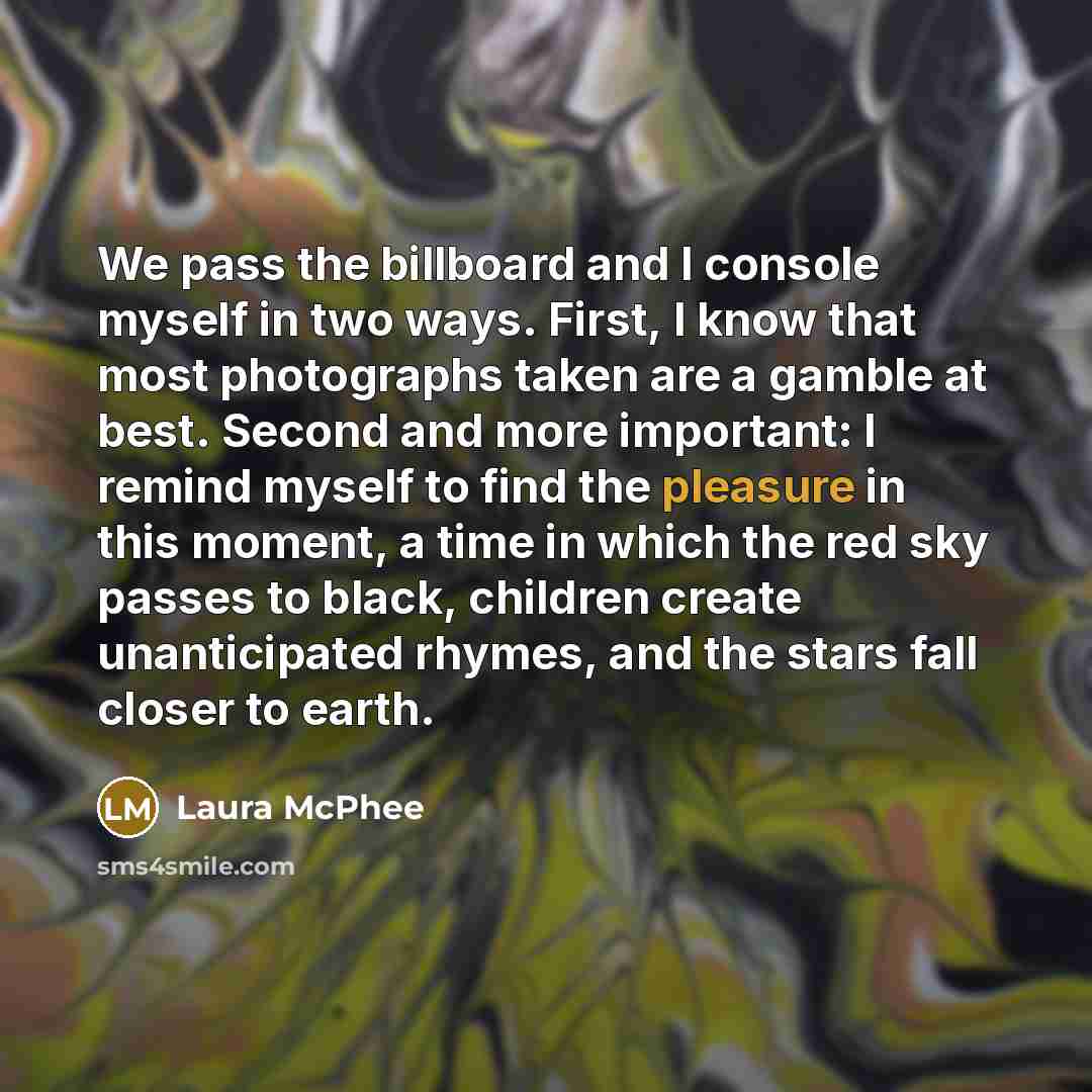 “We pass the billboard and I console myself in two ways. First, I know that most photographs taken are a gamble at best. Second and more important: I remind myself to find the pleasure in this moment, a time in which the red sky passes to black, children create unanticipated rhymes, and the stars…” quote by Laura McPhee