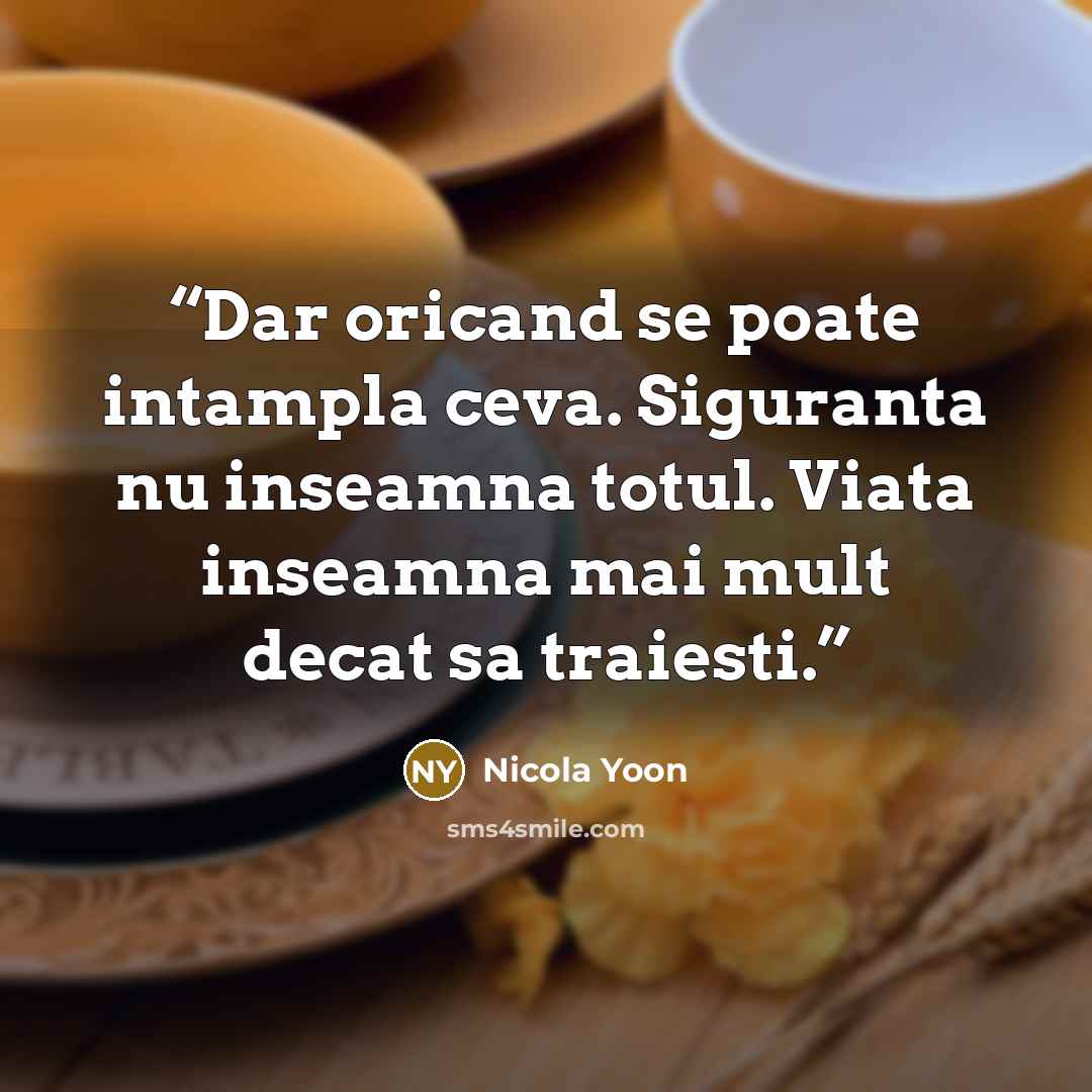 “Dar oricand se poate intampla ceva. Siguranta nu inseamna totul. Viata inseamna mai mult decat sa traiesti.” quote by Nicola Yoon