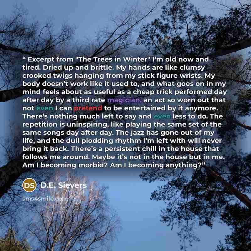 “Excerpt from "The Trees in Winter" I’m old now and tired. Dried up and brittle. My hands are like clumsy crooked twigs hanging from my stick figure wrists. My body doesn’t work like it used to, and what goes on in my mind feels about as useful as a cheap trick performed day after day by a third…” quote by D.E. Sievers