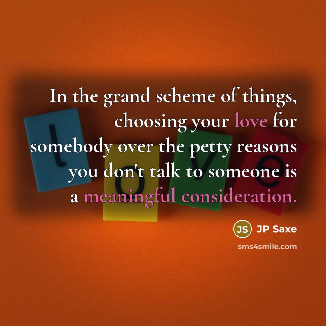 “In the grand scheme of things, choosing your love for somebody over the petty reasons you don't talk to someone is a meaningful consideration.” quote by JP Saxe