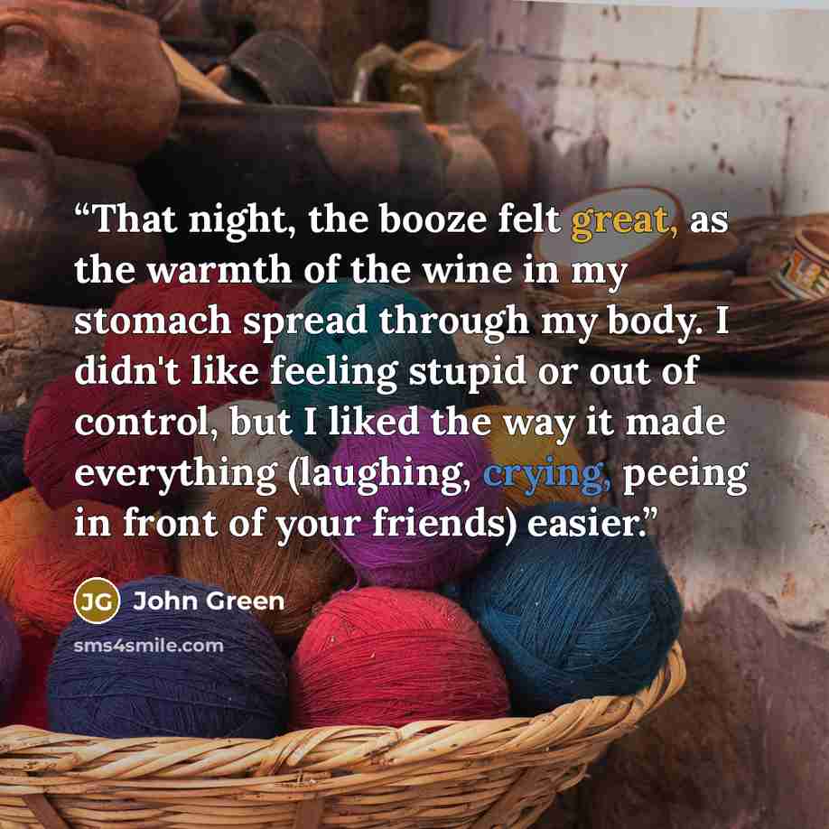 “That night, the booze felt great, as the warmth of the wine in my stomach spread through my body. I didn't like feeling stupid or out of control, but I liked the way it made everything (laughing, crying, peeing in front of your friends) easier.” quote by John Green