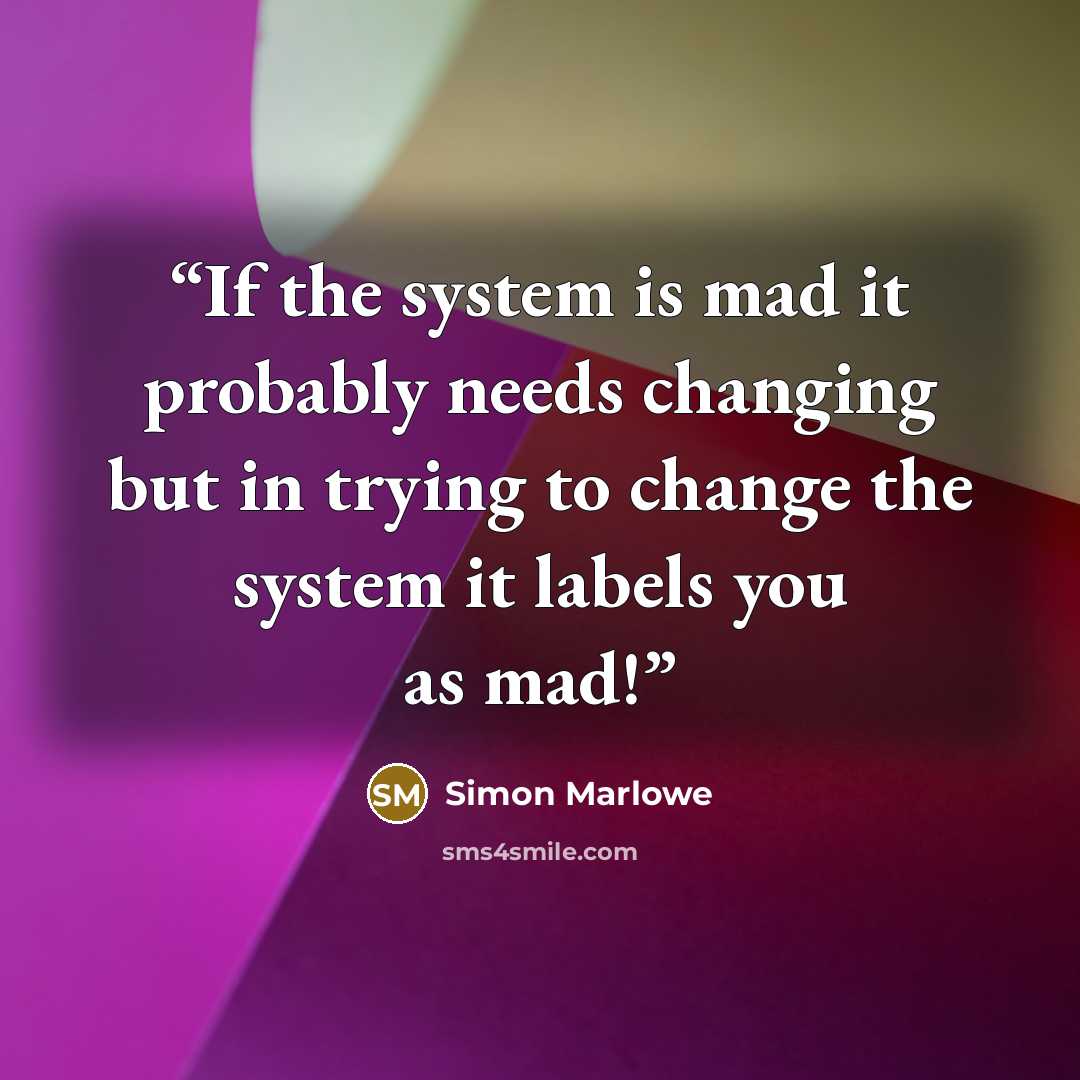 “If the system is mad it probably needs changing but in trying to change the system it labels you as mad!” quote by Simon Marlowe