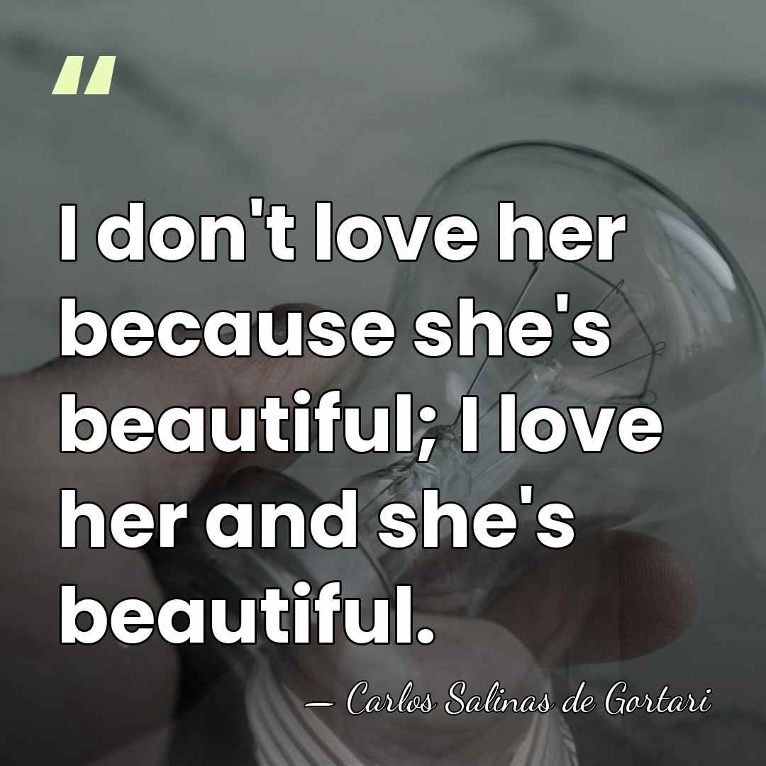 I don't love her because she's beautiful; I love her and she's&hellip; - Carlos Salinas de Gortari
