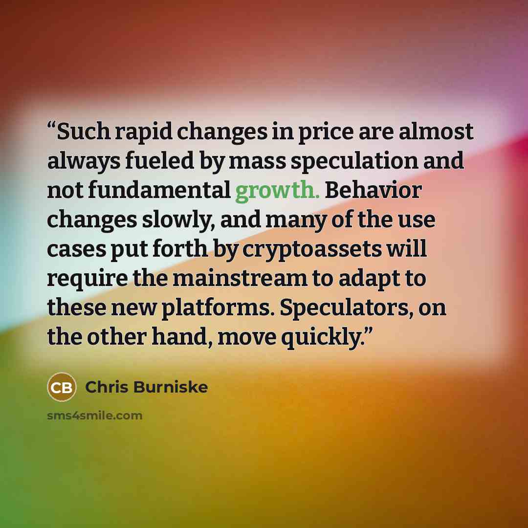 “Such rapid changes in price are almost always fueled by mass speculation and not fundamental growth. Behavior changes slowly, and many of the use cases put forth by cryptoassets will require the mainstream to adapt to these new platforms. Speculators, on the other hand, move quickly.” quote by Chris Burniske