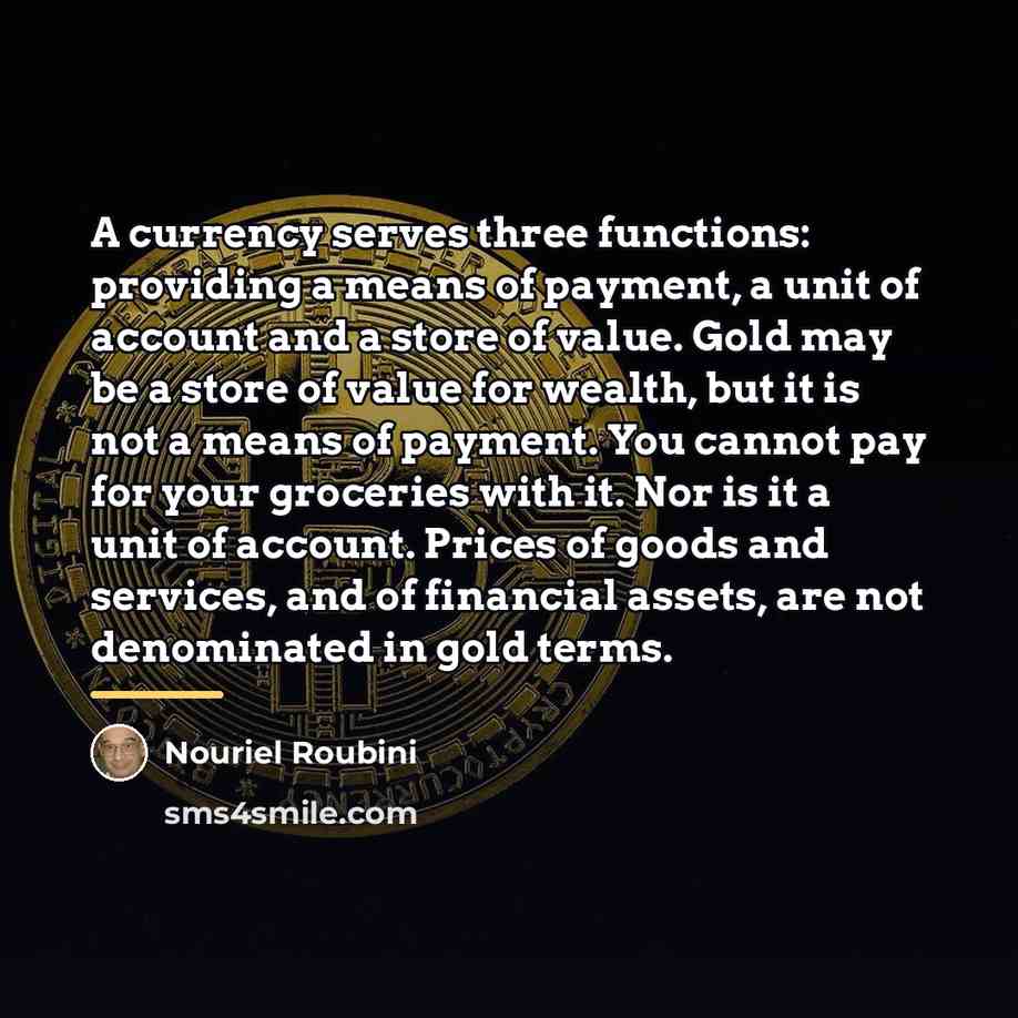 “A currency serves three functions: providing a means of payment,…” quote by Nouriel Roubini