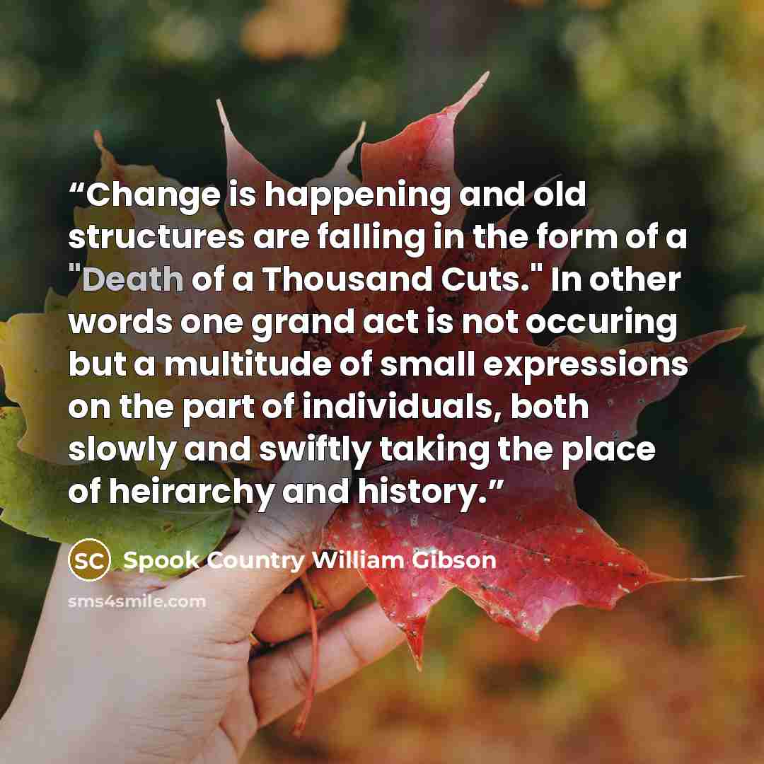 “Change is happening and old structures are falling in the form of a "Death of a Thousand Cuts." In other words one grand act is not occuring but a multitude of small expressions on the part of individuals, both slowly and swiftly taking the place of heirarchy and history.” quote by Spook Country William Gibson