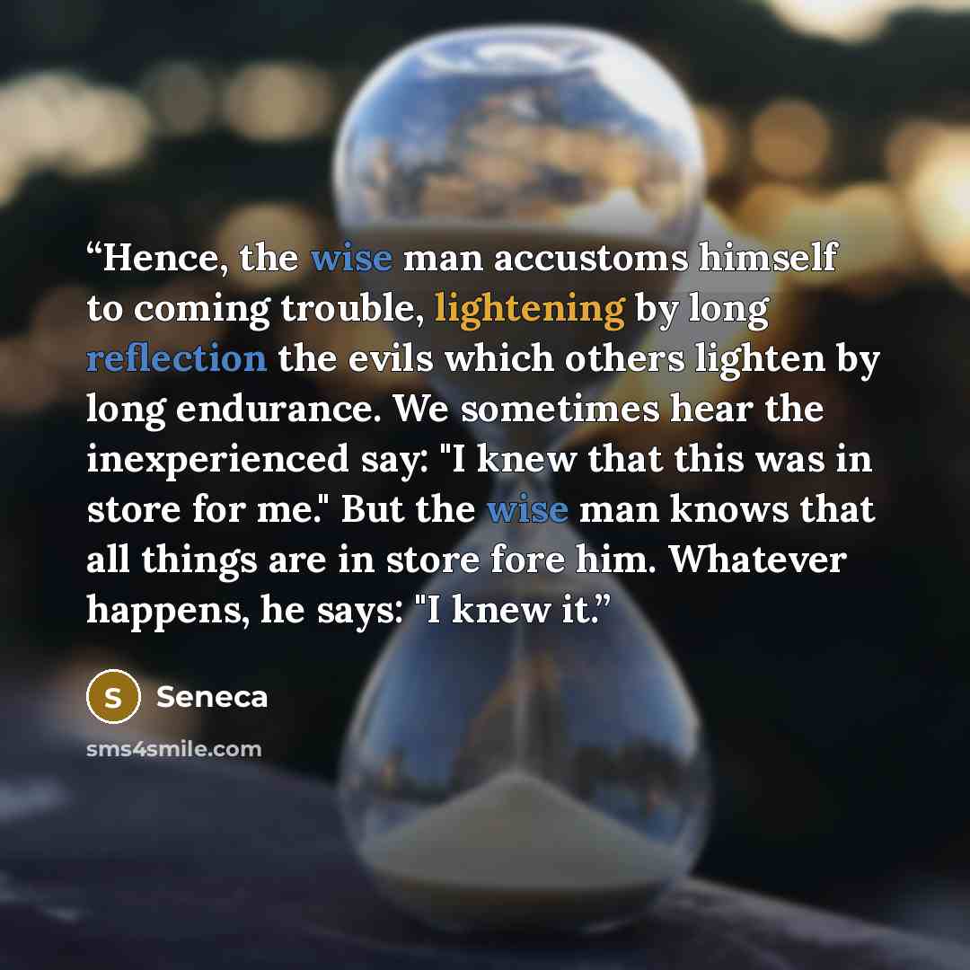 “Hence, the wise man accustoms himself to coming trouble, lightening by long reflection the evils which others lighten by long endurance. We sometimes hear the inexperienced say: "I knew that this was in store for me." But the wise man knows that all things are in store fore him. Whatever happens…” quote by Seneca