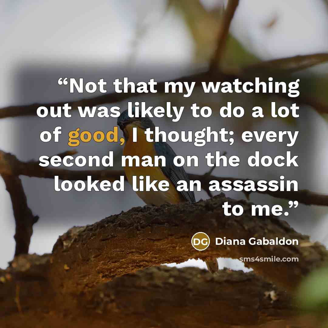 “Not that my watching out was likely to do a lot of good, I thought; every second man on the dock looked like an assassin to me.” quote by Diana Gabaldon