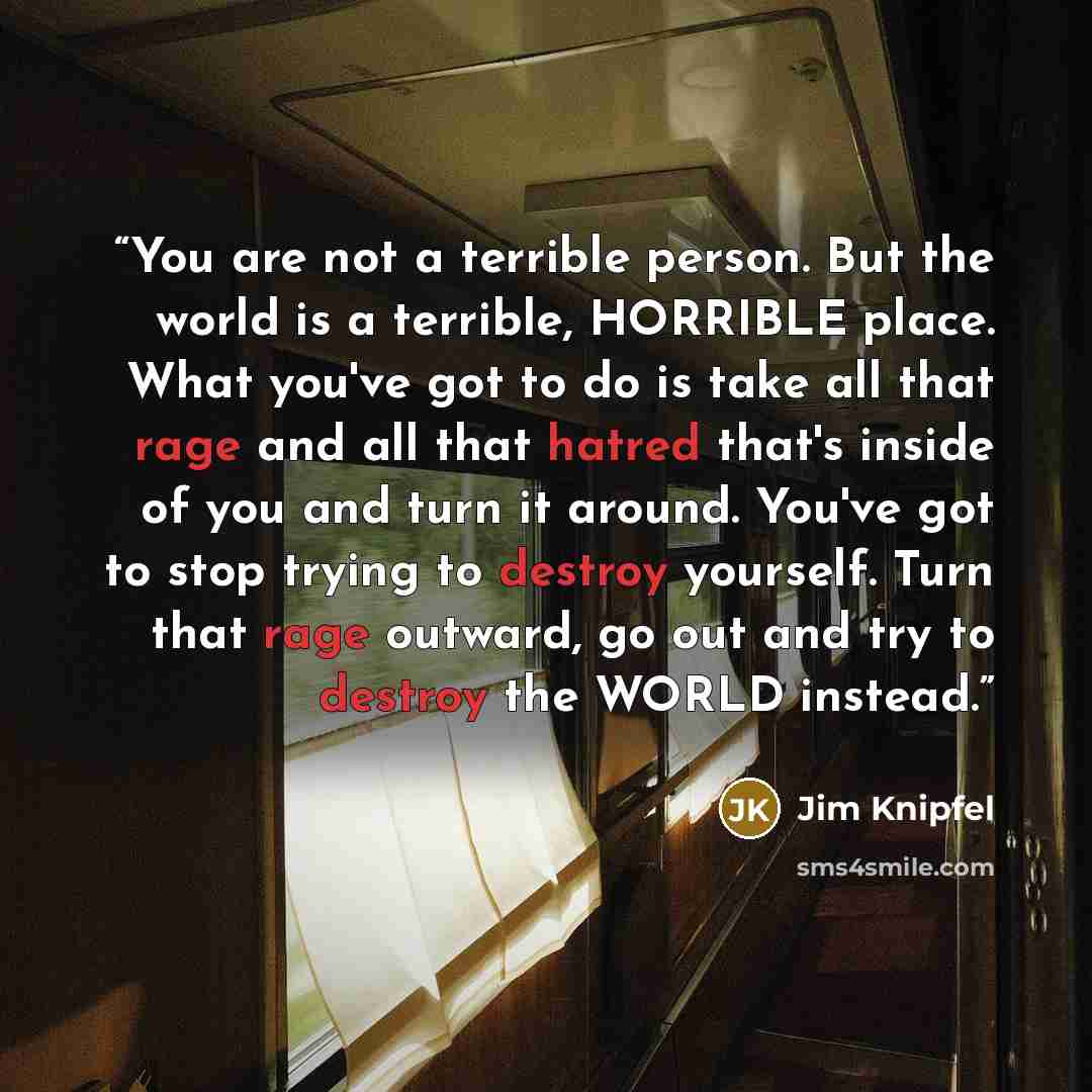 “You are not a terrible person. But the world is a terrible, HORRIBLE place. What you've got to do is take all that rage and all that hatred that's inside of you and turn it around. You've got to stop trying to destroy yourself. Turn that rage outward, go out and try to destroy the WORLD instead.” quote by Jim Knipfel