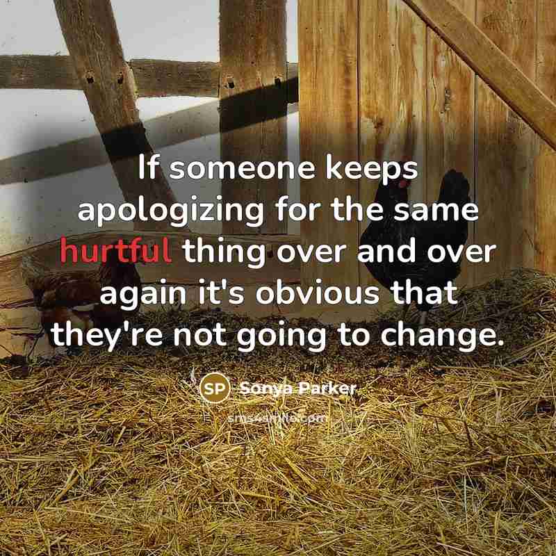 “If someone keeps apologizing for the same hurtful thing over and over again it's obvious that they're not going to change.” quote by Sonya Parker