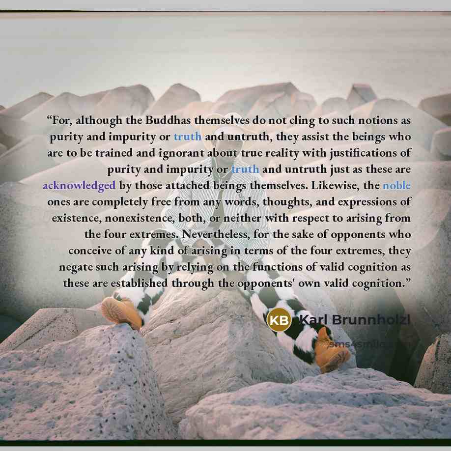 “For, although the Buddhas themselves do not cling to such notions as purity and impurity or truth and untruth, they assist the beings who are to be trained and ignorant about true reality with justifications of purity and impurity or truth and untruth just as these are acknowledged by those…” quote by Karl Brunnholzl