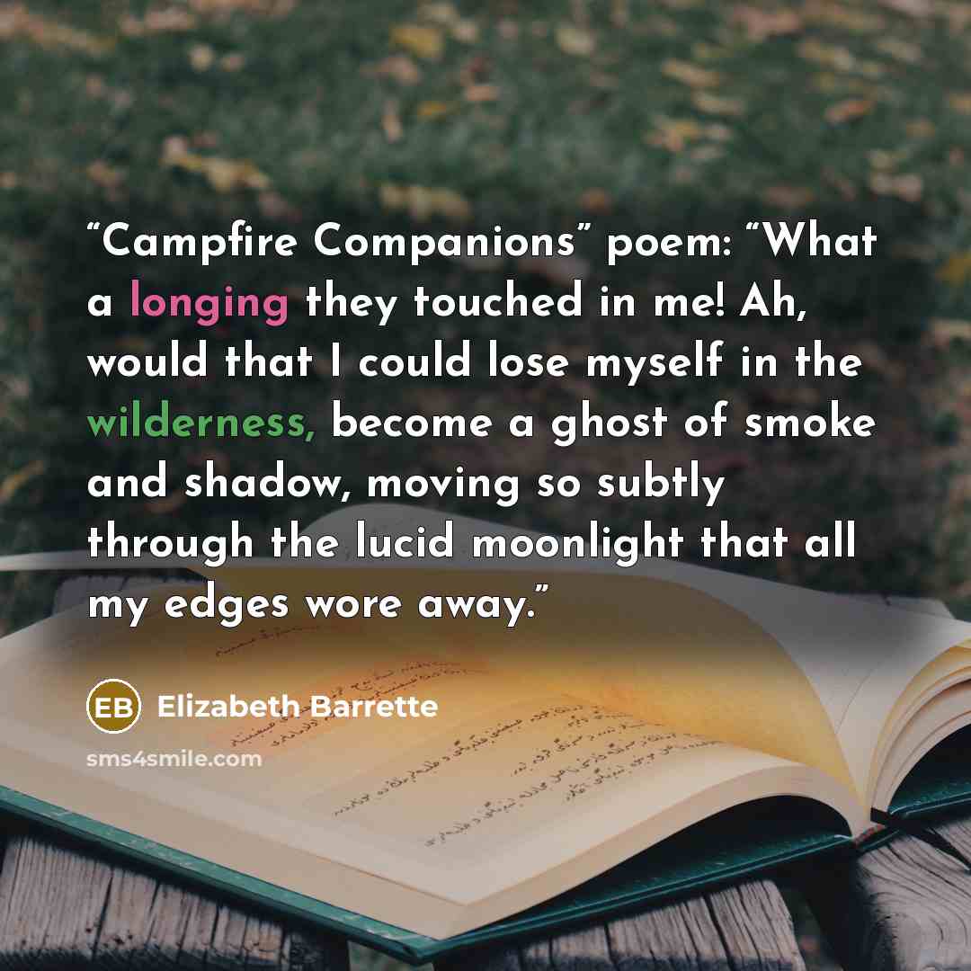 “Campfire Companions” poem: “What a longing they touched in me! Ah, would that I could lose myself in the wilderness, become a ghost of smoke and shadow, moving so subtly through the lucid moonlight that all my edges wore away.” quote by Elizabeth Barrette