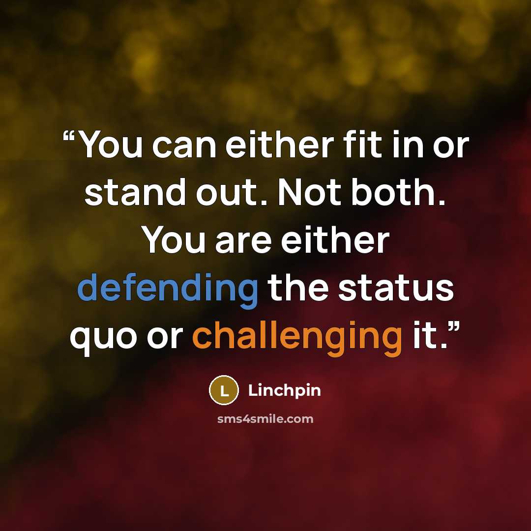 “You can either fit in or stand out. Not both. You are either defending the status quo or challenging it.” quote by Linchpin
