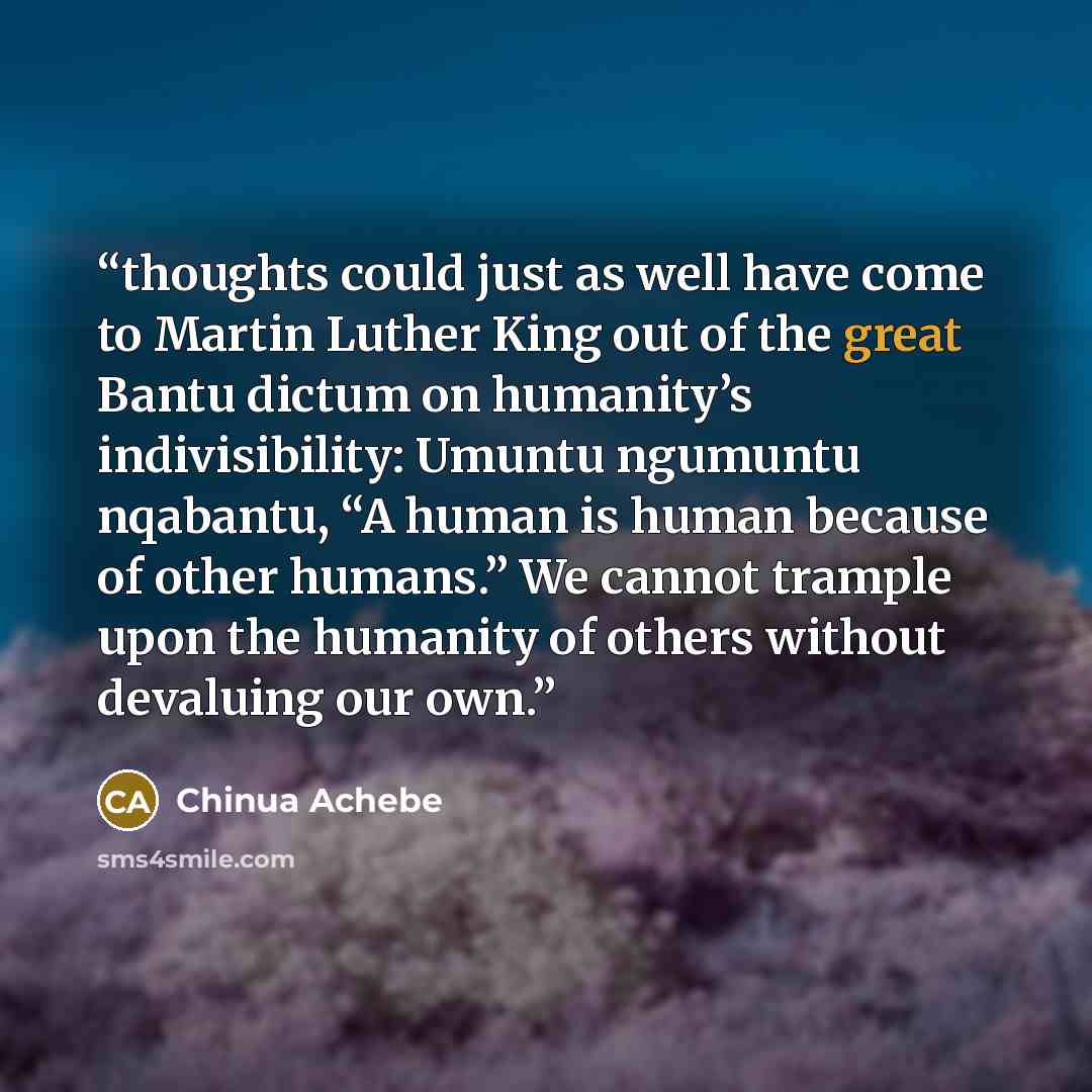 “thoughts could just as well have come to Martin Luther King out of the great Bantu dictum on humanity’s indivisibility: Umuntu ngumuntu nqabantu, “A human is human because of other humans.” We cannot trample upon the humanity of others without devaluing our own.” quote by Chinua Achebe