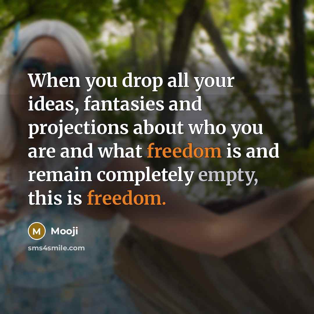“When you drop all your ideas, fantasies and projections about who you are and what freedom is and remain completely empty, this is freedom.” quote by Mooji