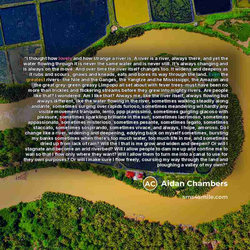 “I thought how lovely and how strange a river is. A river is a river, always there, and yet the water flowing through it is never the same water and is never still. It’s always changing and is always on the move. And over time the river itself changes too. It widens and deepens as it rubs and…” quote by Aidan Chambers