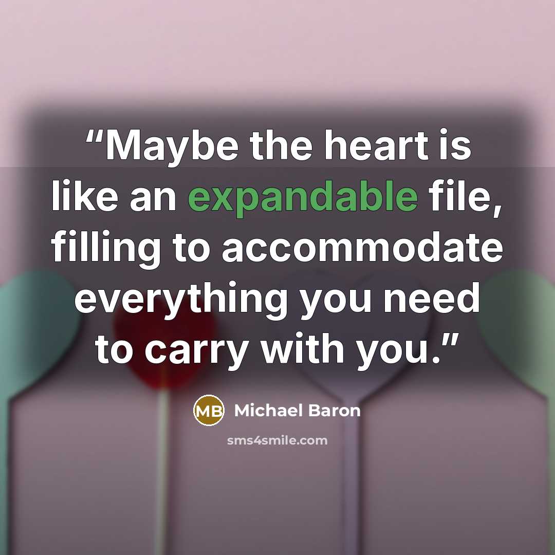“Maybe the heart is like an expandable file, filling to accommodate everything you need to carry with you.” quote by Michael Baron