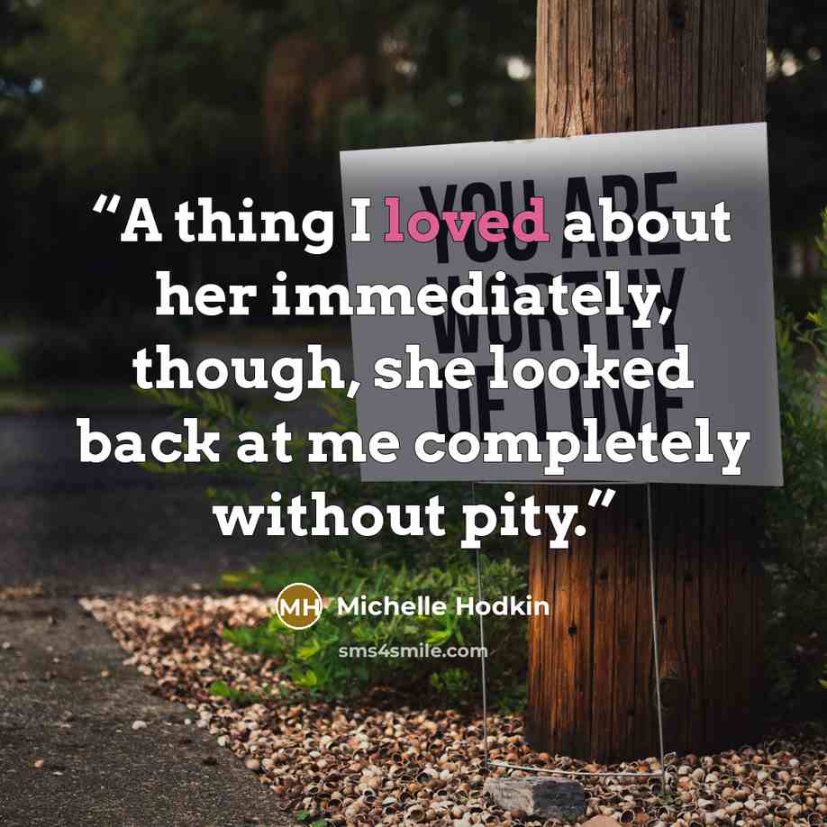 “A thing I loved about her immediately, though, she looked back at me completely without pity.” quote by Michelle Hodkin