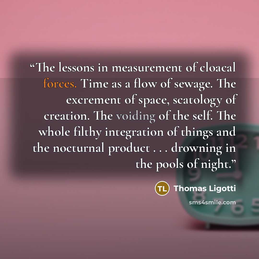 “The lessons in measurement of cloacal forces. Time as a flow of sewage. The excrement of space, scatology of creation. The voiding of the self. The whole filthy integration of things and the nocturnal product . . . drowning in the pools of night.” quote by Thomas Ligotti