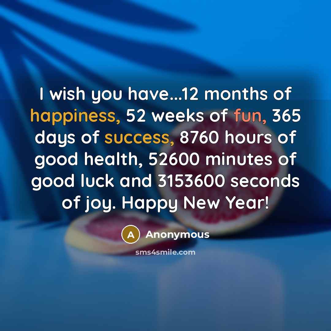 “I wish you have...12 months of happiness, 52 weeks of fun, 365 days of success, 8760 hours of good health, 52600 minutes of good luck and 3153600 seconds of joy. Happy New Year!” quote by Anonymous