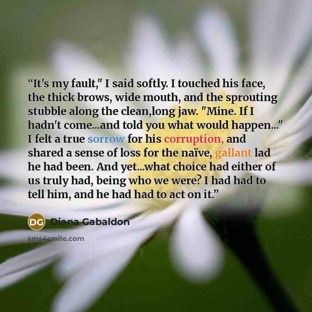 “It's my fault," I said softly. I touched his face, the thick brows, wide mouth, and the sprouting stubble along the clean,long jaw. "Mine. If I hadn't come...and told you what would happen..." I felt a true sorrow for his corruption, and shared a sense of loss for the naïve, gallant lad he had…” quote by Diana Gabaldon