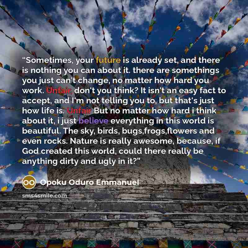 “Sometimes, your future is already set, and there is nothing you can about it. there are somethings you just can't change, no matter how hard you work. Unfair, don't you think? It isn't an easy fact to accept, and I'm not telling you to, but that's just how life is. Unfair But no matter how hard i…” quote by Opoku Oduro Emmanuel