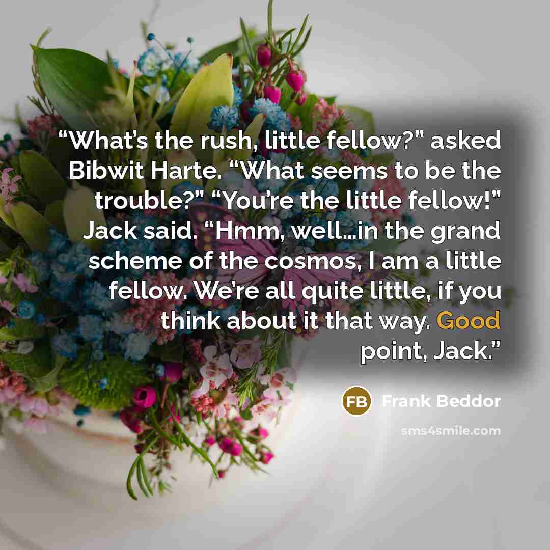 “What’s the rush, little fellow?” asked Bibwit Harte. “What seems to be the trouble?” “You’re the little fellow!” Jack said. “Hmm, well…in the grand scheme of the cosmos, I am a little fellow. We’re all quite little, if you think about it that way. Good point, Jack.” quote by Frank Beddor