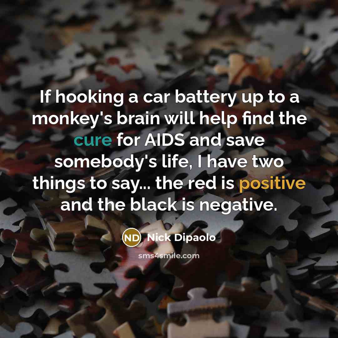 “If hooking a car battery up to a monkey's brain will help find the cure for AIDS and save somebody's life, I have two things to say... the red is positive and the black is negative.” quote by Nick Dipaolo