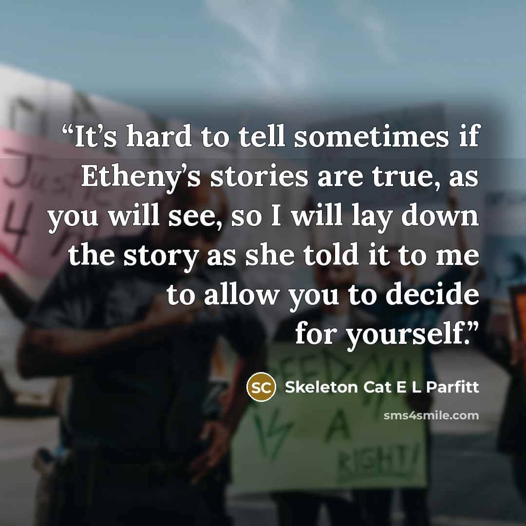 “It’s hard to tell sometimes if Etheny’s stories are true, as you will see, so I will lay down the story as she told it to me to allow you to decide for yourself.” quote by Skeleton Cat E L Parfitt