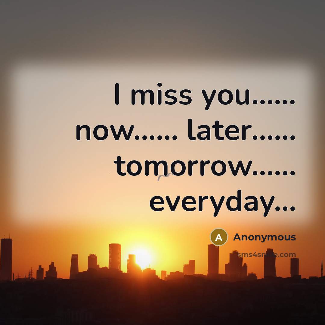 “I miss you........... now................ later.............. tomorrow............... everyday.....…” quote by Anonymous
