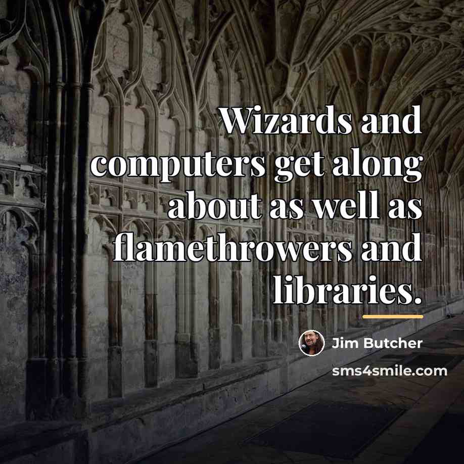 “Wizards and computers get along about as well as flamethrowers…” quote by Jim Butcher