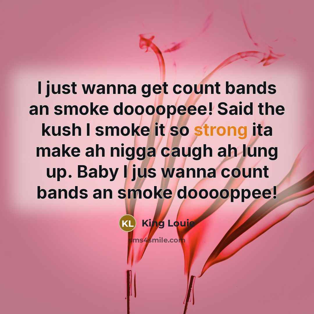 “I just wanna get count bands an smoke doooopeee! Said the kush I smoke it so strong ita make ah nigga caugh ah lung up. Baby I jus wanna count bands an smoke dooooppee!” quote by King Louie