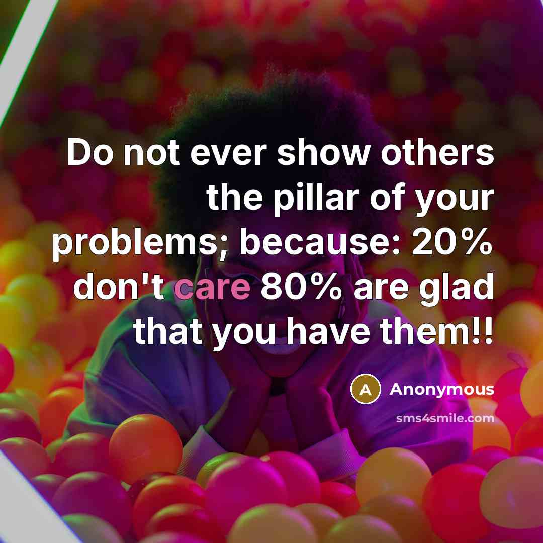 “Do not ever show others the pillar of your problems; because: 20% don't care 80% are glad that you have them!!” quote by Anonymous